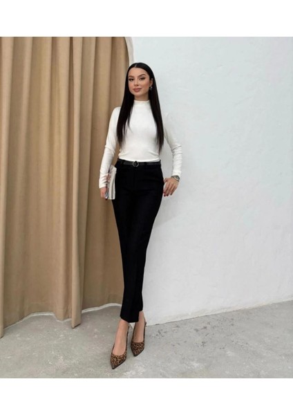 Siyah Kemerli Dabıl Kumaş Havuç Pantalon