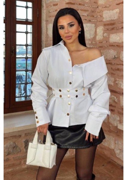 Kadın Artizon Geniş Yaka Belinde Kuşak Gömlek