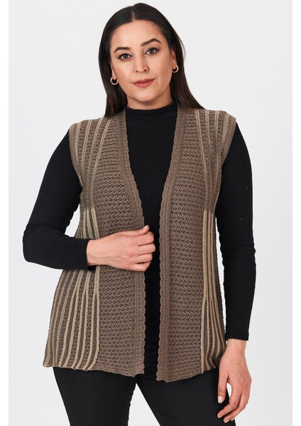 Kadın Kahverengi Çift Renk Ajurlu Işlemeli Mevsimlik Triko Anne Yazlık Yelek