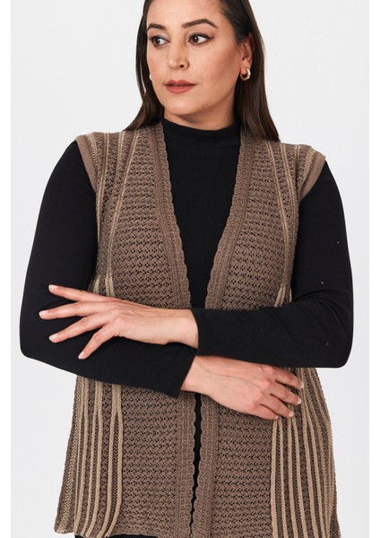 Kadın Kahverengi Çift Renk Ajurlu Işlemeli Mevsimlik Triko Anne Yazlık Yelek fırsatları
