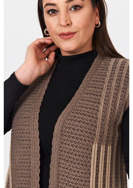 Kadın Kahverengi Çift Renk Ajurlu Işlemeli Mevsimlik Triko Anne Yazlık Yelek indirimleri