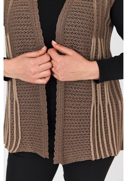 Kadın Kahverengi Çift Renk Ajurlu Işlemeli Mevsimlik Triko Anne Yazlık Yelek