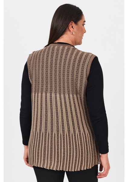 Kadın Kahverengi Çift Renk Ajurlu Işlemeli Mevsimlik Triko Anne Yazlık Yelek