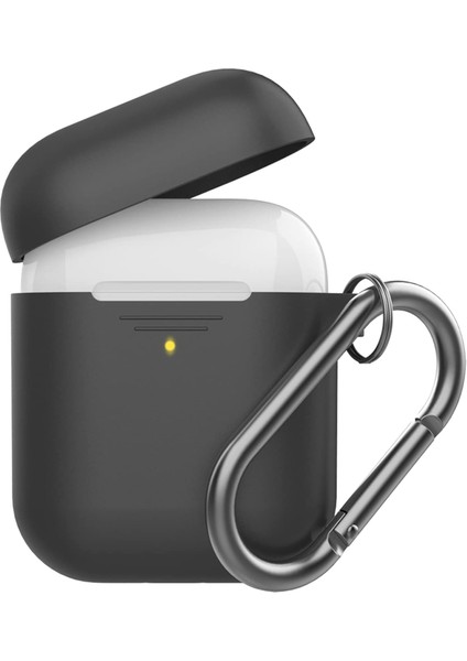 Airpods 1-2 Nesil Uyumlu Silikon Kılıf - Mat Yumuşak Dokulu, Darbeye Dayanıklı, Kemer Klipsli Karabina, Kablosuz Şarj Destekli Koruyucu Kapak Siyah