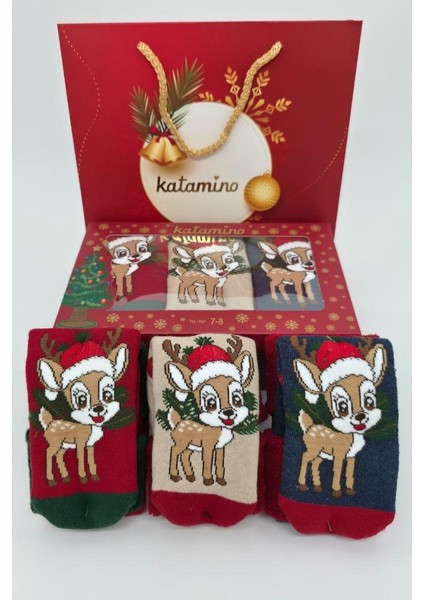 3 Çift Unısex Hediyelik Yeniyıl Temalı Çocuk Soket Havlu Çorap