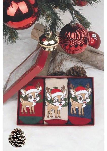 3 Çift Unısex Hediyelik Yeniyıl Temalı Çocuk Soket Havlu Çorap