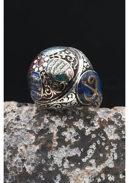 Özel Tasarım Nas ve Felak ve Ihlas Sureleri Mineli Vav Elif Işlemeli 925 Ayar Gümüş Erkek Yüzüğü 902337