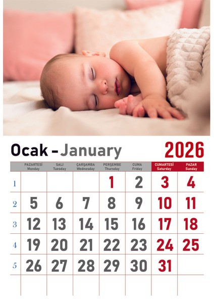 Takvim - Spiralli 12 Yaprak 32X47 cm -Bebek Resimli Kuşe Kağıt Duvar Takvimi - 2026