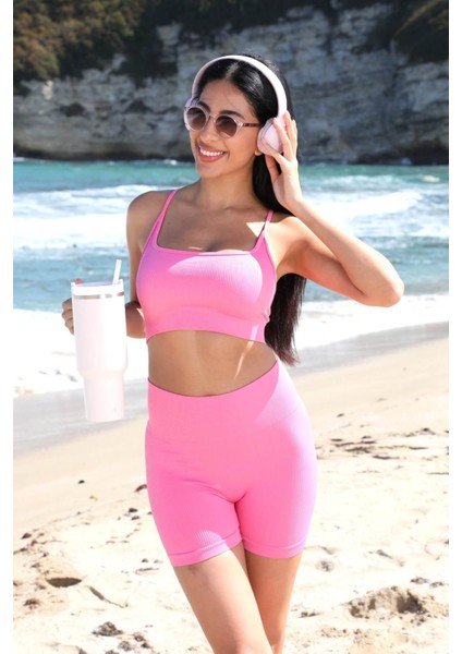 Narince Spor – Dikişsiz Toparlayıcı Yüksek Bel Spor Şort – Pembe