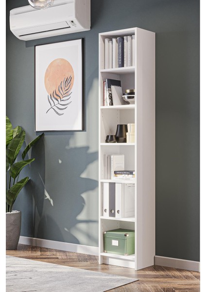 Bili Kitaplık 5 Raflı Dar Çok Amaçlı Ofis Salon Kitap Dosya Rafı Beyaz