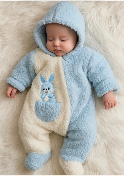 Pelüş Şapkalı Uzun Kollu Fermuarlı Erkek Bebek Tulum & 0-6 Ay