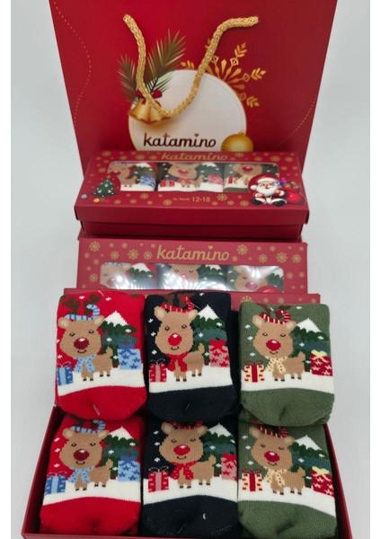 3 Çift Unısex Hediyelik Yeniyıl Temalı Çocuk Soket Havlu Çorap