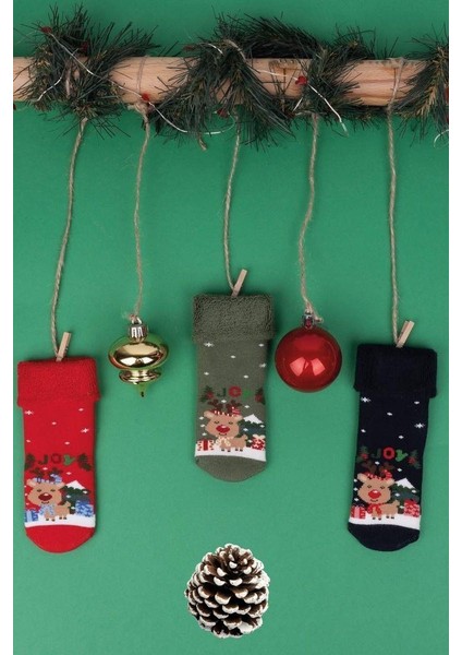 3 Çift Unısex Hediyelik Yeniyıl Temalı Çocuk Soket Havlu Çorap