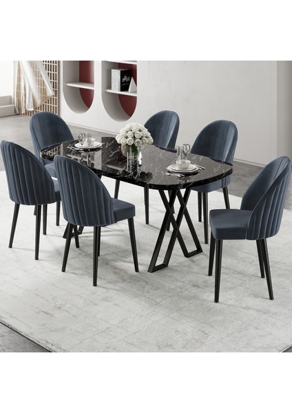 Kaye Serisi Mdf 90X168 Siyah Mermer Desen Mutfak Masası Takımı 6 Antrasit Sandalye