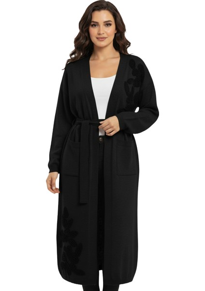 Kadın Siyah Nakışlı Çiçek Detaylı Kemerli Kimono Panço