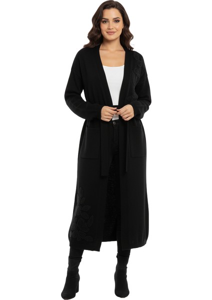 Kadın Siyah Nakışlı Çiçek Detaylı Kemerli Kimono Panço fiyatları