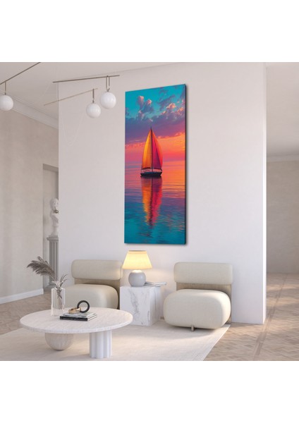 Panoramik Yelkenli Gün Batımı Manzara Kanvas Tablo – Dikey Deniz ve Gün Batımı Temalı Duvar Dekoru