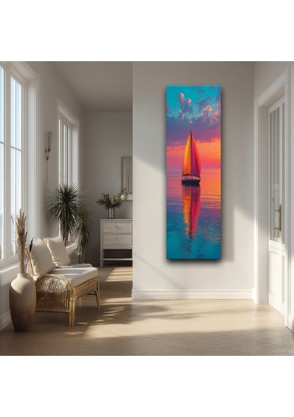 Panoramik Yelkenli Gün Batımı Manzara Kanvas Tablo – Dikey Deniz ve Gün Batımı Temalı Duvar Dekoru