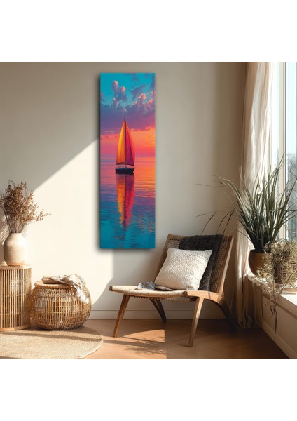 Panoramik Yelkenli Gün Batımı Manzara Kanvas Tablo – Dikey Deniz ve Gün Batımı Temalı Duvar Dekoru
