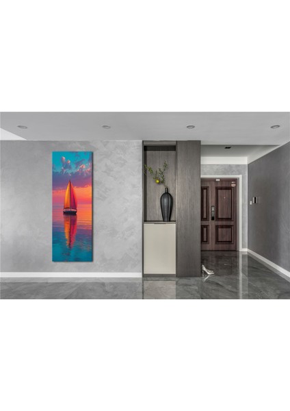 Panoramik Yelkenli Gün Batımı Manzara Kanvas Tablo – Dikey Deniz ve Gün Batımı Temalı Duvar Dekoru