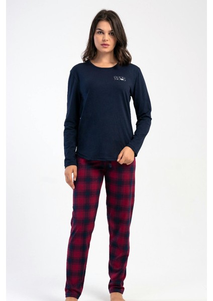 Kadın Lacivert Uzun Kollu Bisiklet Yaka Ekose Desenli Alt Pamuklu Pijama Takımı C7T3N1305