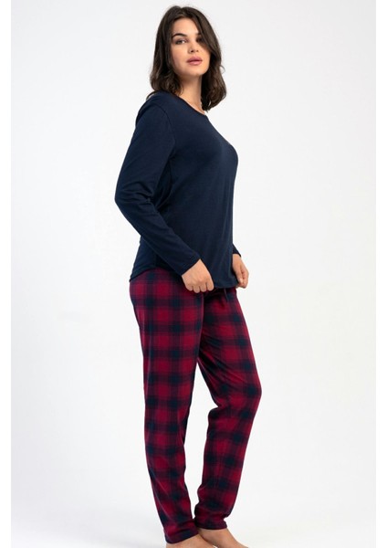 Kadın Lacivert Uzun Kollu Bisiklet Yaka Ekose Desenli Alt Pamuklu Pijama Takımı C7T3N1305 fiyatları