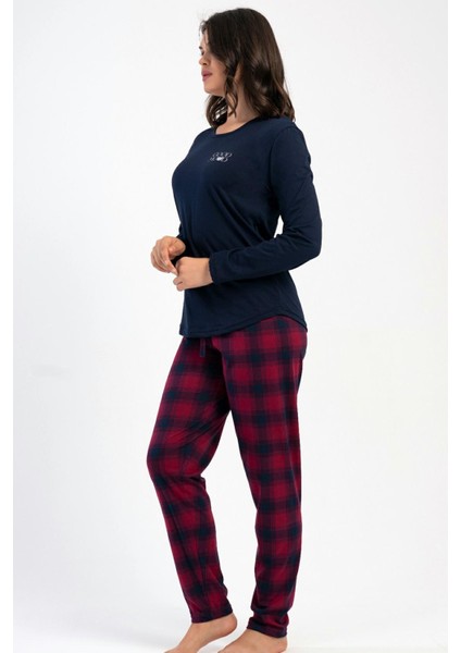 Kadın Lacivert Uzun Kollu Bisiklet Yaka Ekose Desenli Alt Pamuklu Pijama Takımı C7T3N1305 modelleri