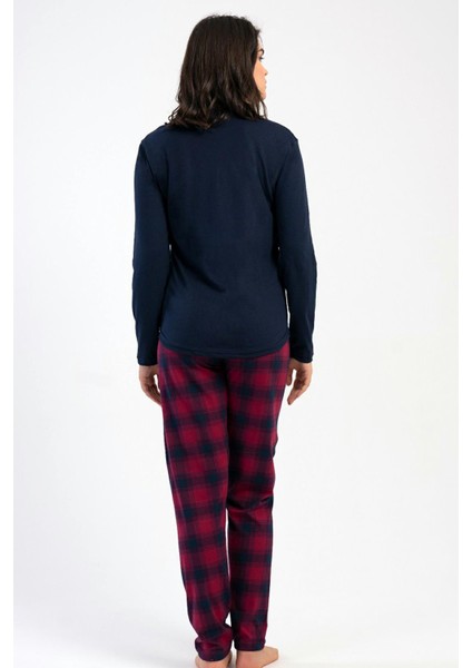 Kadın Lacivert Uzun Kollu Bisiklet Yaka Ekose Desenli Alt Pamuklu Pijama Takımı C7T3N1305 fırsatları