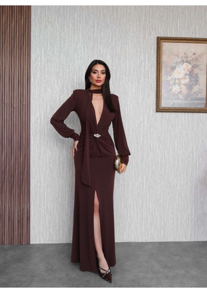 Şal Yaka Ön Düğüm Tokalı Uzun Elbise