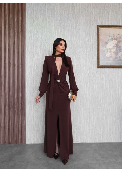 Şal Yaka Ön Düğüm Tokalı Uzun Elbise fırsatları