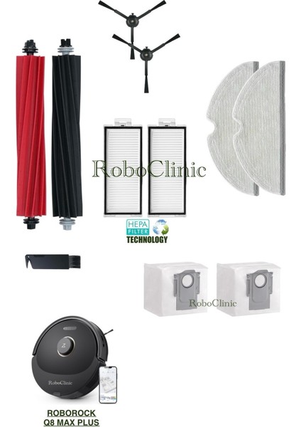 Roborock Q8 Max Plus Robot Süpürge Uyumlu Yedek Toz Torbası, Fırça, Hepa Filtre, Mop Set-11 Parça