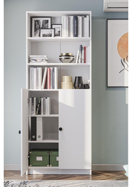 Bili Kitaplık 5 Raflı 2 Kapaklı Çok Amaçlı Ofis Salon Kitap Dosya Rafı Beyaz