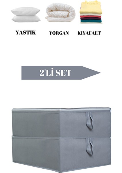 2'li Antrasit Çekyat Baza Tipi Yastık Yorgan Saklama Hurcu-Baza Altı Düzenleyici Hurcu 65X45X22 cm