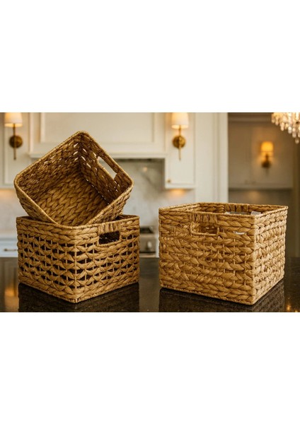 Dekoratif Kare Kelebek Desenli Örgü Hasır Sepet Sele 3lü