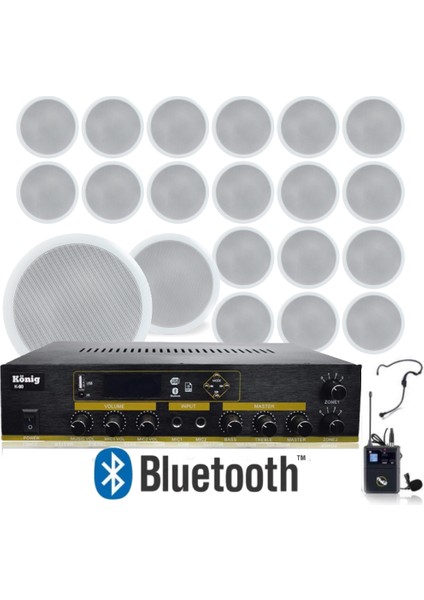 20’li Tavan Hoparlörlü Yaka Mikrofonlu Bluetooth Anfi Ses Sistemi Seti