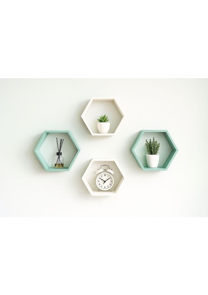 Vidalı Beyaz ve Yeşil Renkli Dekoratif Altıgen Raf -4 Adet-