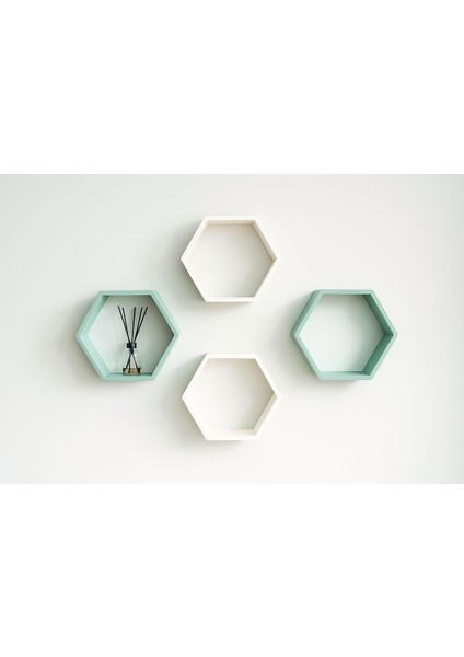 Vidalı Beyaz ve Yeşil Renkli Dekoratif Altıgen Raf -4 Adet- fiyatları