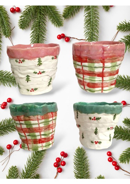 | El Yapımı Yılbaşı Porselen Bardak Seti (2 Adet, 220 Ml)