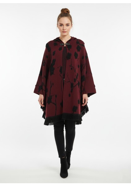 Bordo Kabartmalı Çiçek Desenli Kapüşonlu Kadın Panço