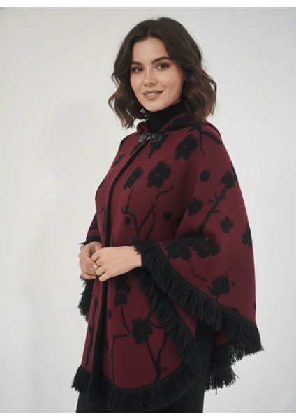 Bordo Kabartmalı Çiçek Desenli Kapüşonlu Kadın Panço fiyatları