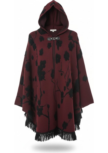 Bordo Kabartmalı Çiçek Desenli Kapüşonlu Kadın Panço indirimleri