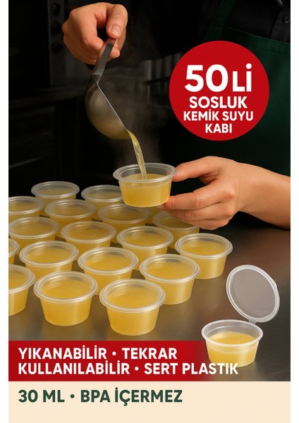 30 ml Kendinden Kapaklı Şeffaf Sosluk – Sızdırmaz, Sıcağa Dayanıklı, Tekrar Kullanılabilir 50’li Set