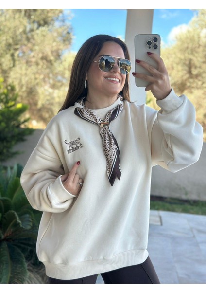Fularlı Leopar Krem Sweatshirt