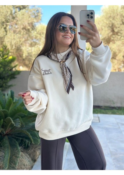 Fularlı Leopar Krem Sweatshirt modelleri