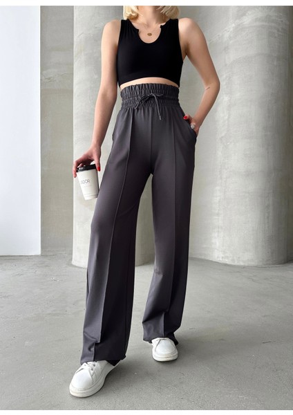 Kadın Antrasit Yüksek Bel Geniş Kemer Çımalı Bol Paça Eşofman Altı