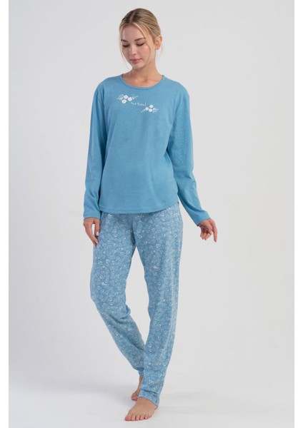 Kadın Mavi Renk Uzun Kollu Bisiklet Yaka Çiçek Desenli Pijama Takımı C6T6N1305