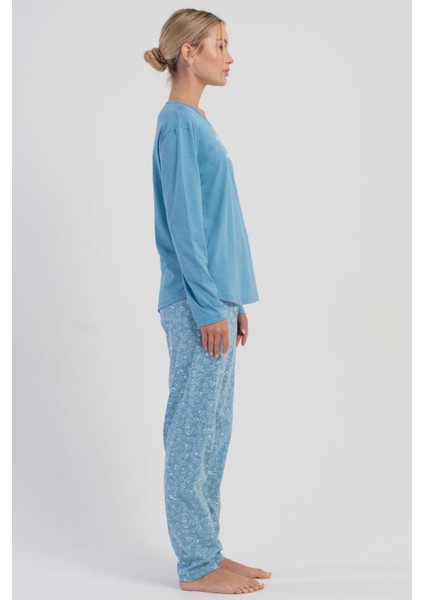Kadın Mavi Renk Uzun Kollu Bisiklet Yaka Çiçek Desenli Pijama Takımı C6T6N1305 fiyatları