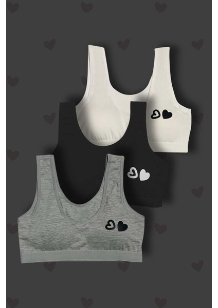 3'lü Kız Çocuk Kalp Baskılı Pamuklu Pedli Büstiyer