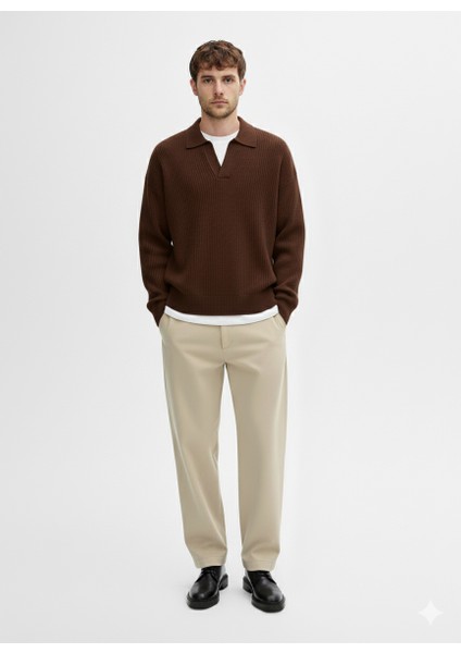 Erkek-Selanik Örgü-Gömlek Yaka-Yarım Patlı-Kazak