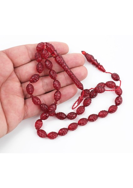 Ateş Kehribar Kalem Işçilikli El Işlemli Beyzi Kesim 9X11MM Tesbih fiyatları